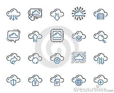 Cloud data and technology line icons. Set of Hosting, Computing data and File storage. Vector Vector Illustration