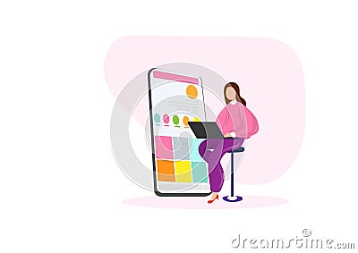 Cloud database content layout concept, young woman uploading data to display to social media, colorful flat vector illustration Vector Illustration
