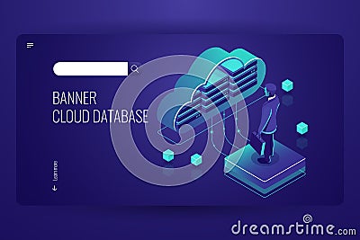 Cloud database, isometric icon, data cloud computing, man stay on platform, dark violet Vector Illustration