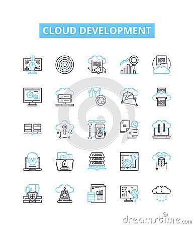 Cloud development vector line icons set. Cloud, Development, Platform, Architecture, Deployment, Management Vector Illustration