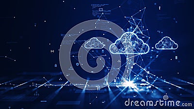 Cloud and edge computing technology concept with cybersecurity data protection system. Three large cloud icons stand out on the Stock Photo