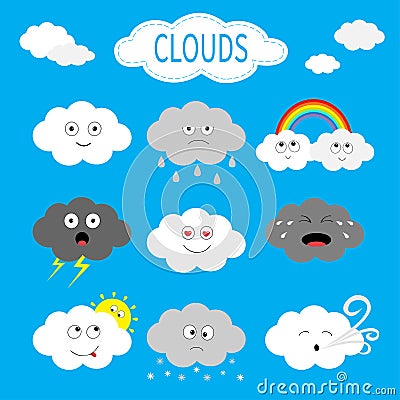 Cloud emoji icon set. White gray color. Fluffy clouds. Sun, rainbow, rain drop, wind, thunderbolt, storm lightning. Cute cartoon c Vector Illustration