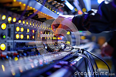Cloud engineer troubleshooting network issue, with a close-up on the diagnostic tools and the focused technician, representing Stock Photo