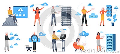 Cloud engineering, data storage, clould service server. Data cloud server, network hosting online services vector Vector Illustration