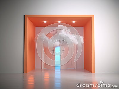 Cloud entered through an open door. Creative mind and escape concept Cartoon Illustration