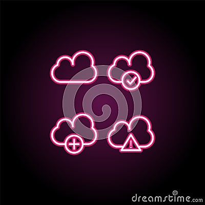 Cloud, exclamatory, check, plus sign neon icon. Simple thin line, outline vector of web icons for ui and ux, website or mobile Stock Photo