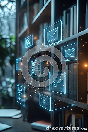Cloud file integration, In a modern, sleek office setting, an interactive holographic interface reveals file integration across Stock Photo