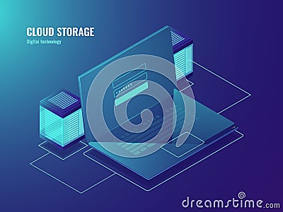 Cloud file storage, server room, data center access, laptop screen with user sign in form, database neon isometric Vector Illustration