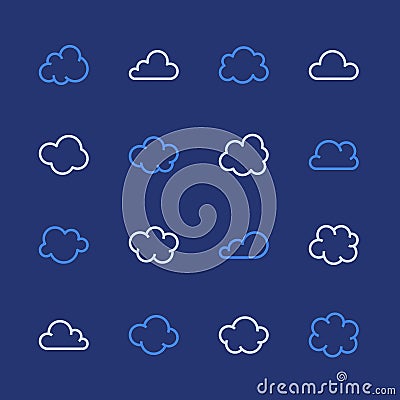 Cloud flat line icons. Clouds symbols for data storage, weather forecast. Thin signs for hosting. Pixel perfect 48x48 Vector Illustration