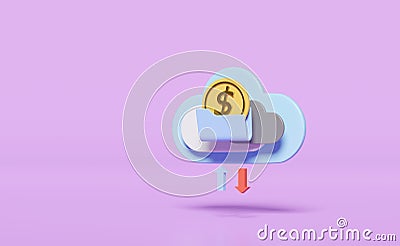 Cloud folder with arrow, money coin isolated on purple background. cloud storage download, upload, data transfering, datacenter Cartoon Illustration