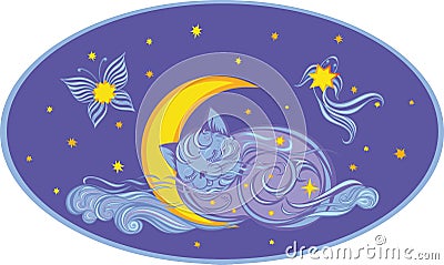 Cloud in the form of a sleeping kitten for a month Vector Illustration