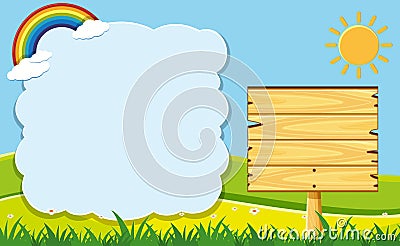 Cloud frame and wooden board in garden Vector Illustration