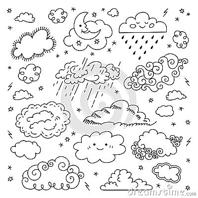 Cloud hand drawn Clouds icons set. Childrens sky and weather symbols, Night sky, moon, rain and cartoon clouds. Vector Vector Illustration