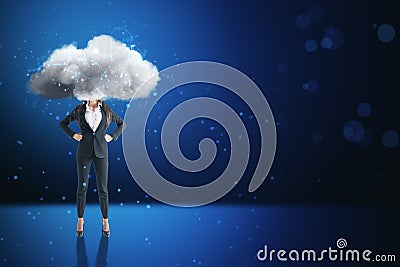 Cloud headed business woman in suit standing on abstract blue bokeh interior background with mock up place. Sky is the limit, Stock Photo