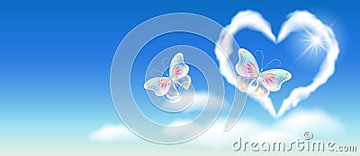 Cloud heart in the sky and fantasy butterflies with golden ornament Vector Illustration