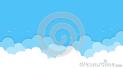 Cloud on high top blue sky outdoor with white birds flying cartoon background vector flat design illustration Vector Illustration