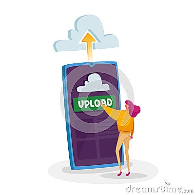 Cloud Hosting Concept. Tiny Female Character Upload File Push Button at Huge Smartphone Sreen, Virtual Storage Vector Illustration
