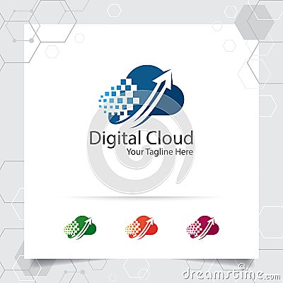 Cloud hosting logo vector design with concept of data upload symbol. Cloud computing vector illustration for hosting provider, Vector Illustration