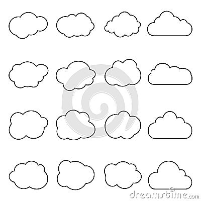 Cloud icon in line style. Set of art clouds shape in flat linear style. Outline simple black cloud of sky. Storage solution Stock Photo