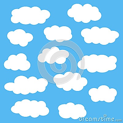 Cloud icon set, white clouds isolated on blue sky background, vector illustration. Vector Illustration