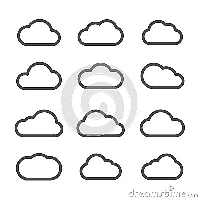 Cloud icons flat line set black on white background Vector Illustration