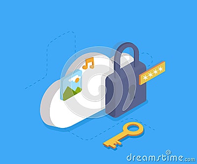 Cloud Identity Security Concept, data protection, internet security. Vector 3d isometry illustration Vector Illustration