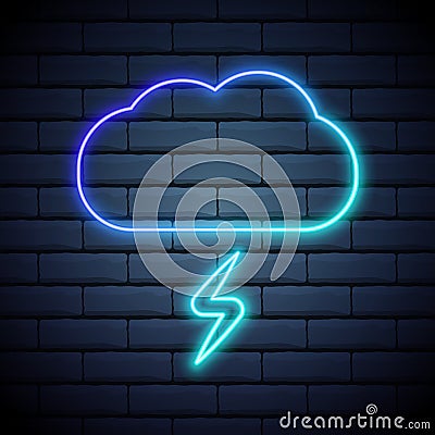 Cloud and lightning. simple outline icon. linear symbol with thin outline. Blue neon style on dark brick wall background. Light Stock Photo