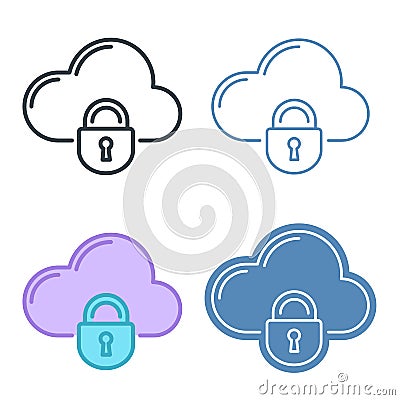 Cloud with lock vector outline icon set. Vector Illustration