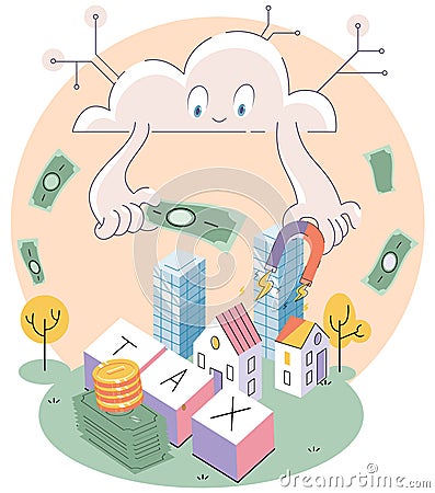 Cloud with magnet attracts money lying at skyscraper. Income from sale or rental of real estate Vector Illustration