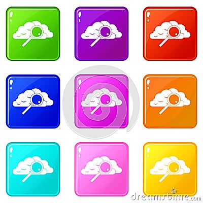 Cloud with magnifying glass icons 9 set Vector Illustration