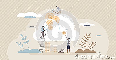 Cloud mining process using crypto currency data center tiny person concept Vector Illustration