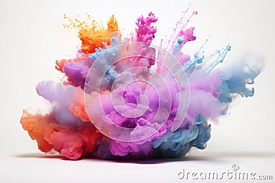 a cloud of multicolored powder dye suspended over a clean white background Stock Photo