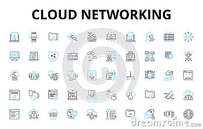 Cloud networking linear icons set. Virtualization, Scalability, Elasticity, Automation, Multi-tenancy, Agility Vector Illustration