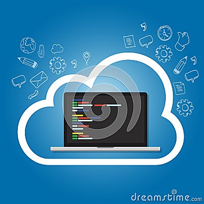 Cloud online coding repository on the cloud internet web development Vector Illustration