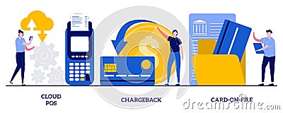 Cloud POS, chargeback, card-on-file concept with tiny people. Retail software abstract vector illustration set. Sale and Cartoon Illustration