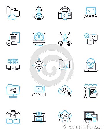 Cloud potentiality linear icons set. Scalability, Virtualization, Agility, Mobility, Efficiency, Productivity Vector Illustration