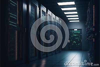 Cloud rack equipment room with big data cyber internet content. Blue light server interior modern communication storage Stock Photo