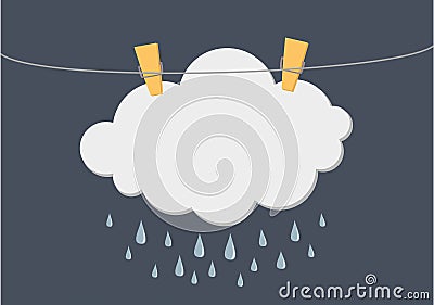 Cloud with Rain drop hang on a rope with clothespins. Vector. Fr Stock Photo