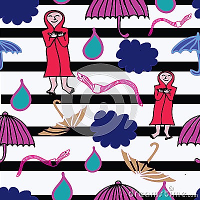 Cloud, rain earthworm and opened umbrella in the rain. Flat style illustration Cartoon Illustration