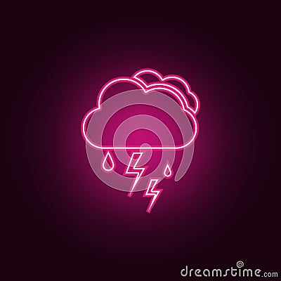 Cloud with rain and lightning bolt icon. Elements of Web in neon style icons. Simple icon for websites, web design, mobile app, Stock Photo