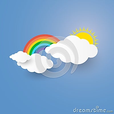 Cloud and Rainbow in the Blue sky with paper art stlye. i Cartoon Illustration