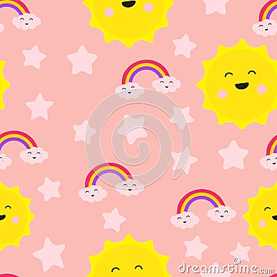 Cloud Rainbow Star and Sun Cute Seamless Repeat Pattern, Laughter Fun Care Joy, Love for Two, Cartoon Vector EPS 10 Illustration Vector Illustration