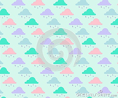 Cloud and raindrops pattern with mint background Vector Illustration