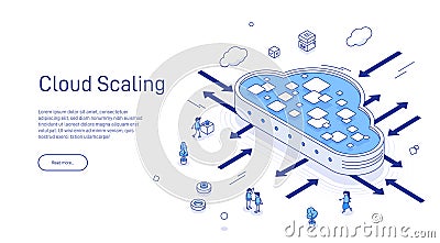 Cloud Scaling Solution concept. Cloud computing technology is easy handles growing and decreasing demand in usage Vector Illustration