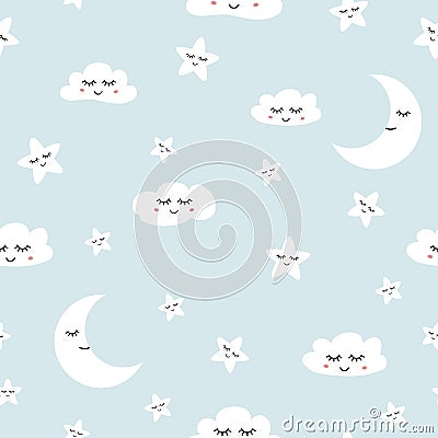 Cloud seamless pattern Sleeping clouds moon stars baby boy background vector Cartoon Illustration