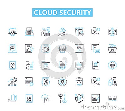 Cloud security linear icons set. Encryption, Compliance, Authentication, Cybersecurity, Firewall, Vulnerability, Audit Vector Illustration