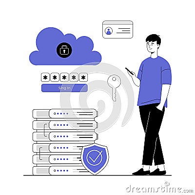 Cloud security, personal data protection, online services concept. Privacy access with password. User sync accounts. Vector Vector Illustration