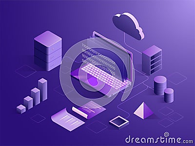 Cloud server connect with laptop, binary coding on screen, with Stock Photo