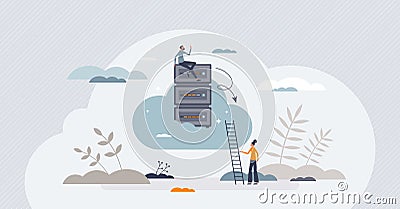 Cloud server with database upload for information storage tiny person concept Vector Illustration