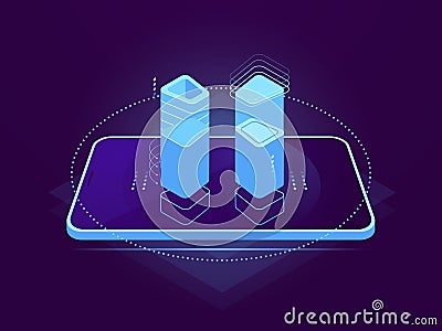 Cloud server hosting, mobile interface, holographic control element, cloud storage, database remote file warehouse Vector Illustration